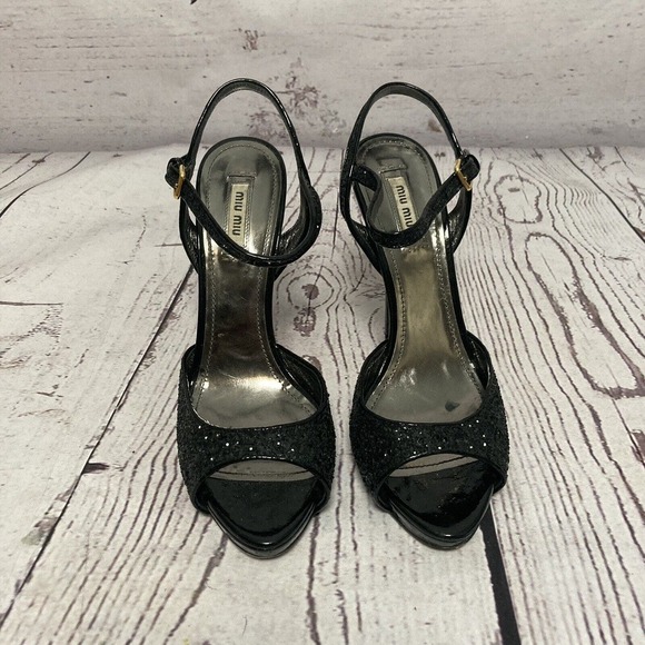 MIU MIU Heel Womens 9.5 Black Glitter Formal Ankle Platform Stiletto Night out - Picture 2 of 9